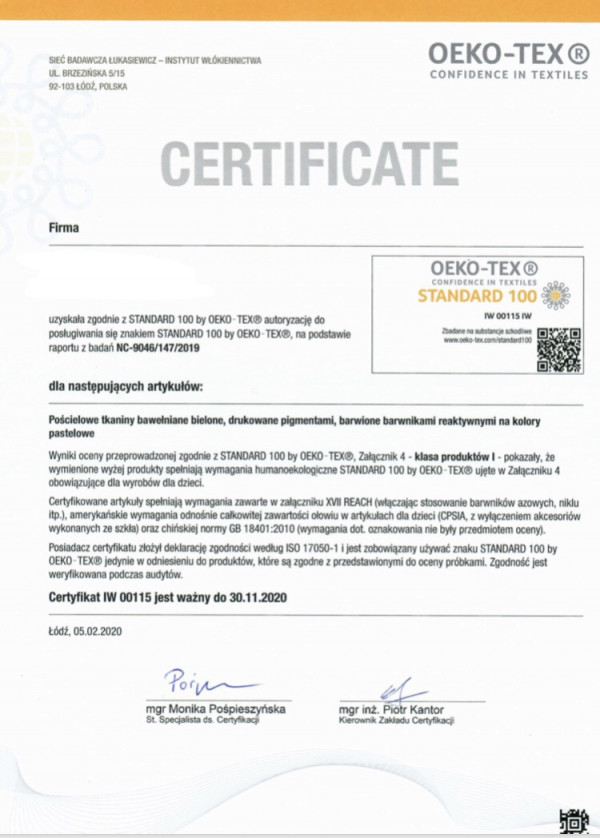 Certyfikat Oeko Tex na materiały, z których zostały uszyte maseczki Hello Nano